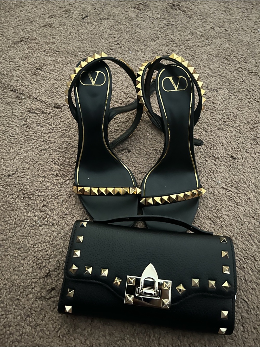 Valentino Black Leather Studded Heels with Gold Accents